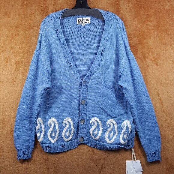 KARTIK RESEARCH Sweater Mens Medium Blue Cardigan Distressed Paisley $450 - Picture 2 of 12